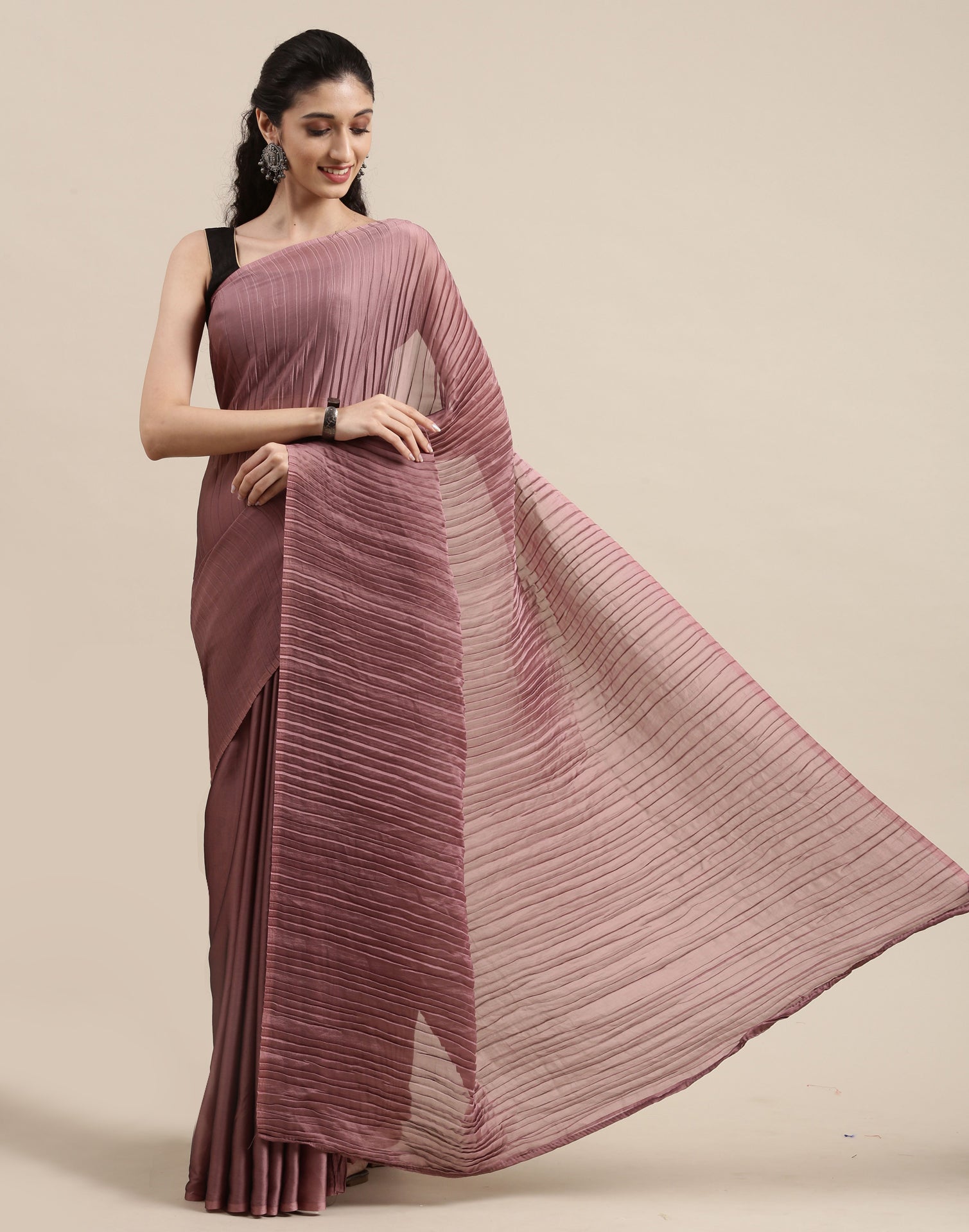 Dusty Rose Pink Pleated Saree | Sudathi