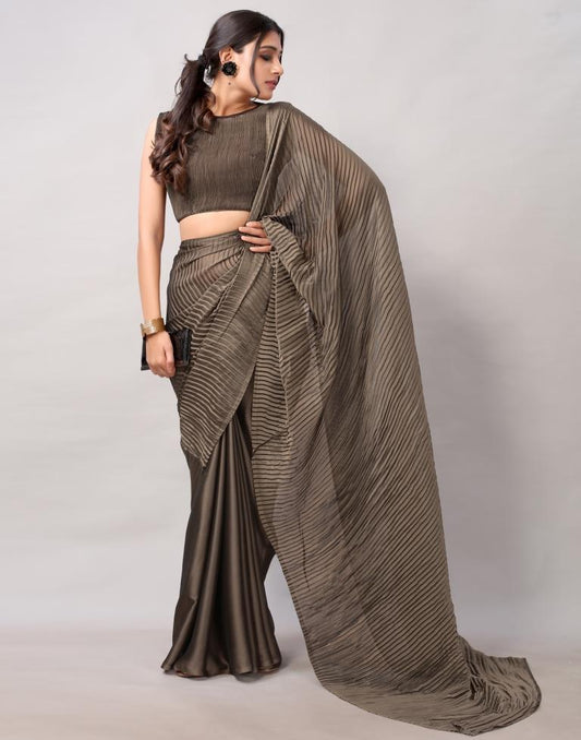 Dark Olive Green Dyed Georgette Pleated Saree | Sudathi