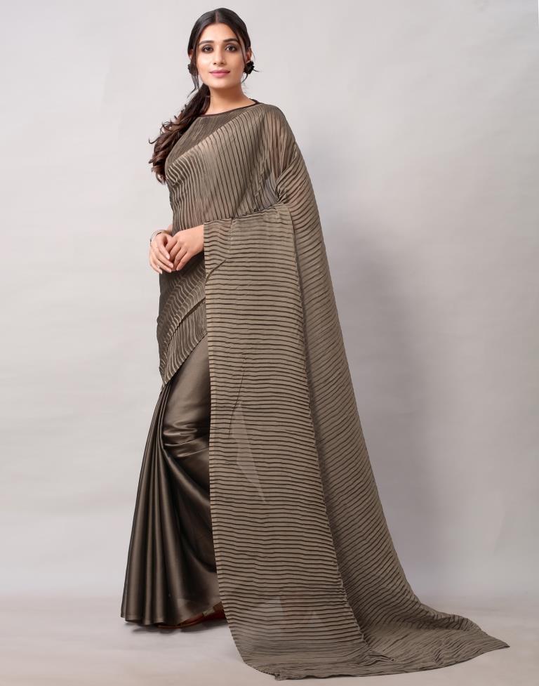 Dark Olive Green Dyed Georgette Pleated Saree | Sudathi
