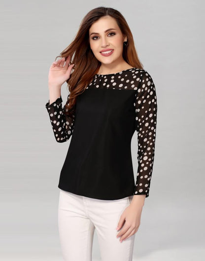 Black Coloured Crepe- Georgette Polka Dot Printed Top | Sudathi