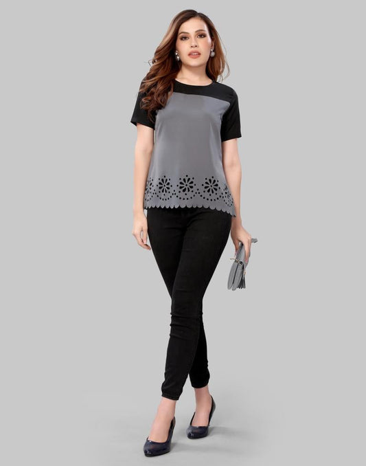 Grey Colored Crepe Lacer Cut Top | Sudathi