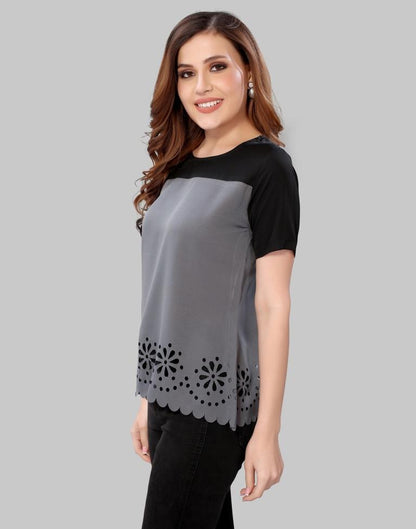 Grey Colored Crepe Lacer Cut Top | Sudathi