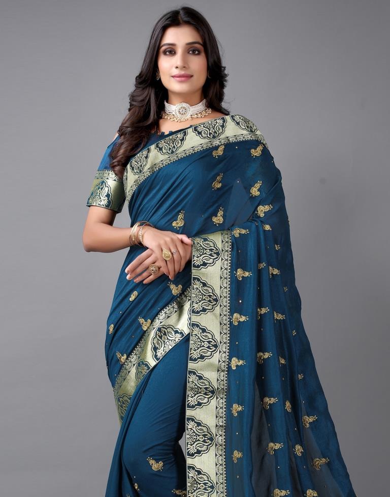 Dark Teal Blue Weaving Silk Saree