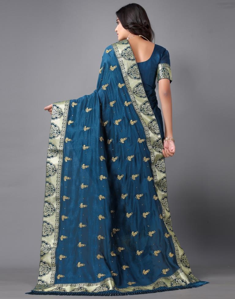 Dark Teal Blue Weaving Silk Saree