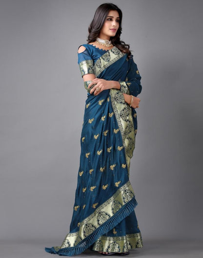 Dark Teal Blue Weaving Silk Saree