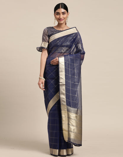 Navy Blue Organza Woven Plain Saree | Sudathi
