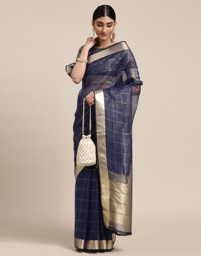 Navy Blue Organza Woven Plain Saree | Sudathi