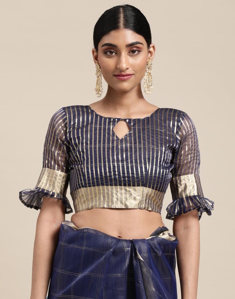 Navy Blue Organza Woven Plain Saree | Sudathi