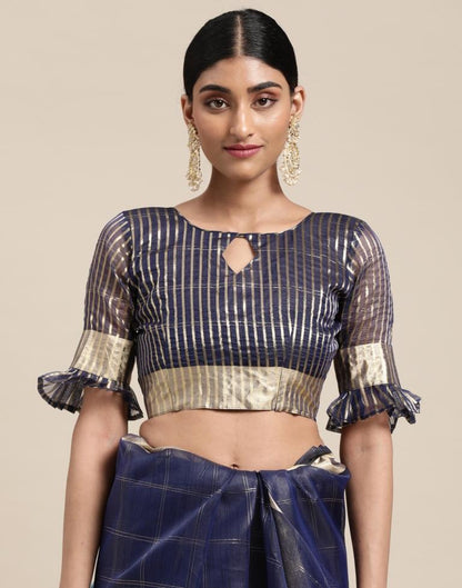 Navy Blue Organza Woven Plain Saree | Sudathi