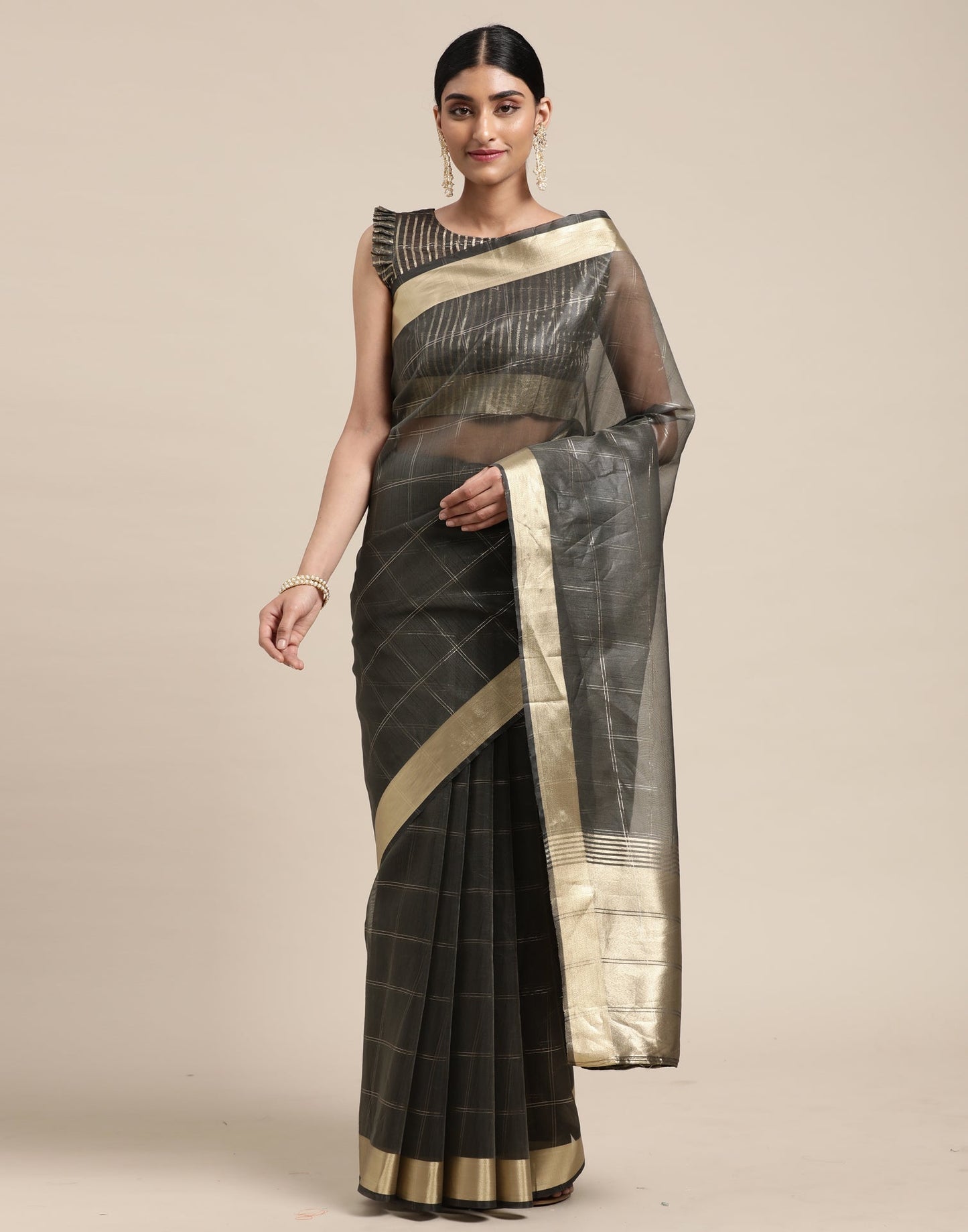 Grey Organza Woven Plain Saree | Sudathi