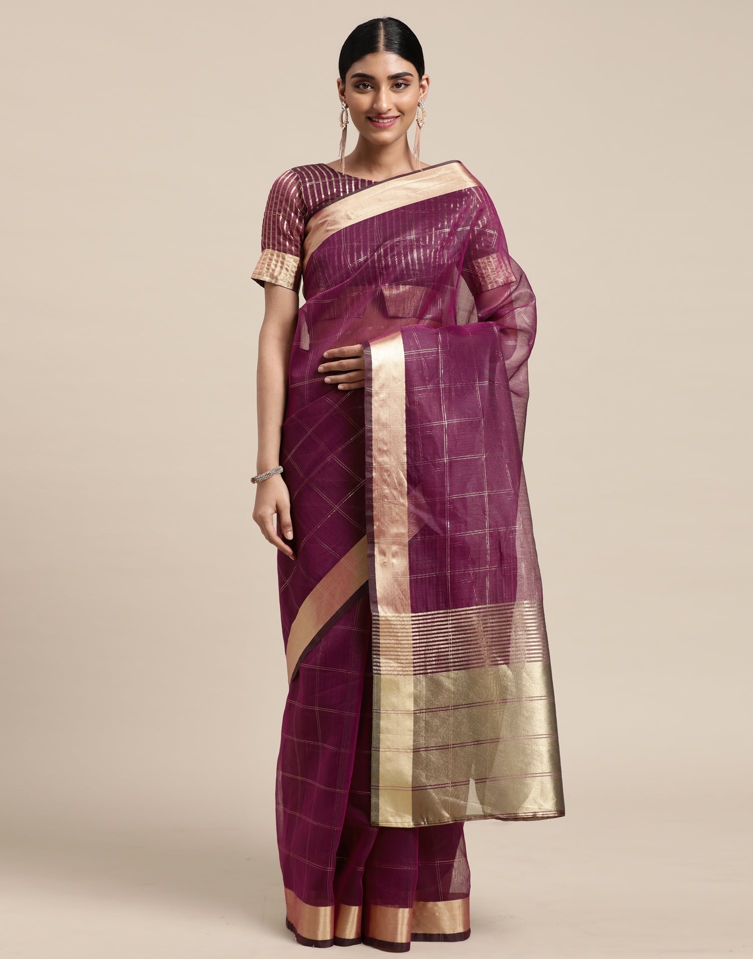 Magenta Organza Woven Plain Saree | Sudathi
