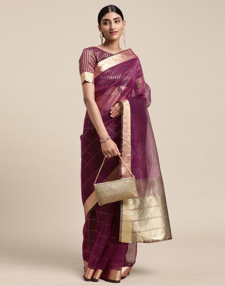 Magenta Organza Woven Plain Saree | Sudathi