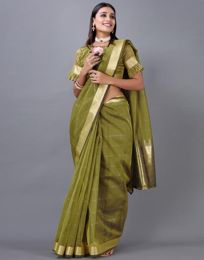Olive Green Organza Woven Plain Saree | Sudathi