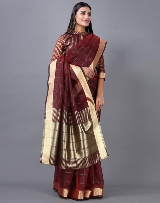 Maroon Organza Woven Plain Saree | Sudathi