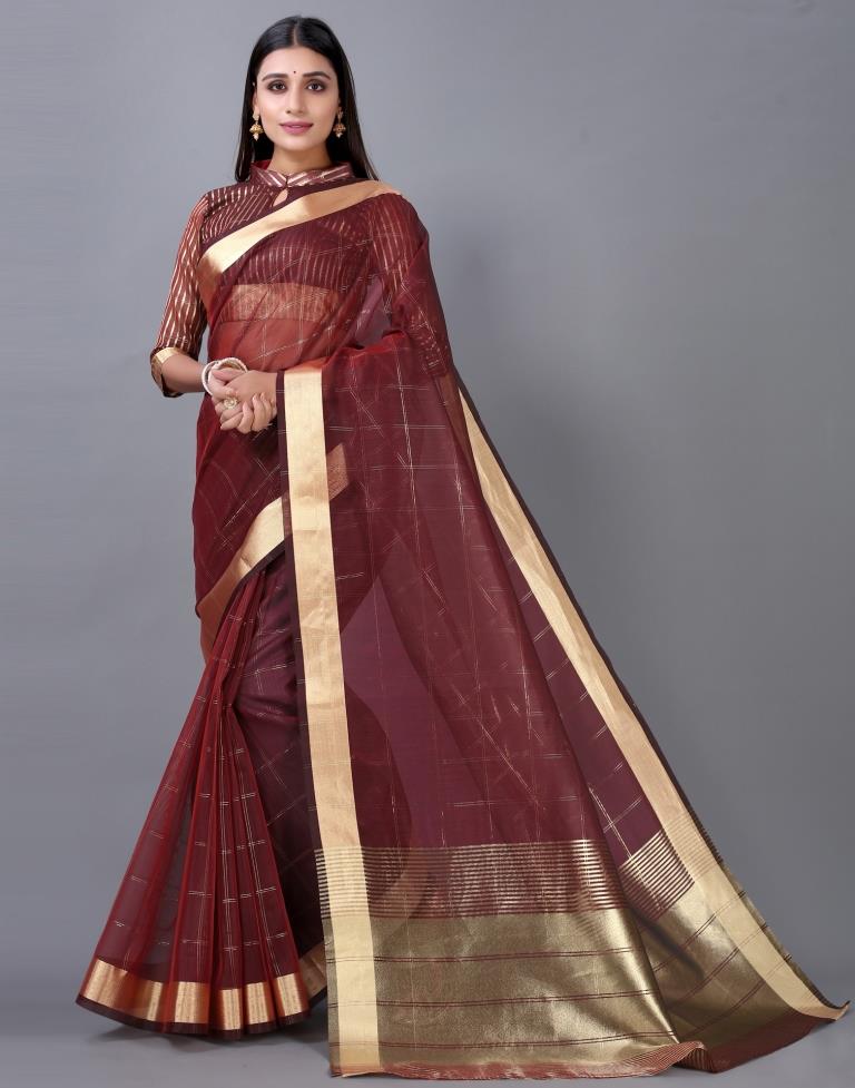 Maroon Organza Woven Plain Saree | Sudathi