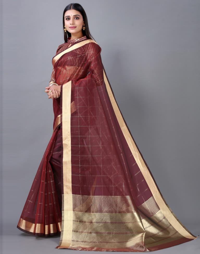 Maroon Organza Woven Plain Saree | Sudathi