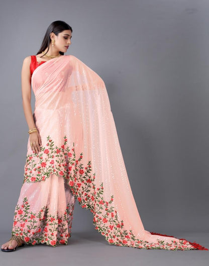 Peach Pink Embroidery Saree | Sudathi
