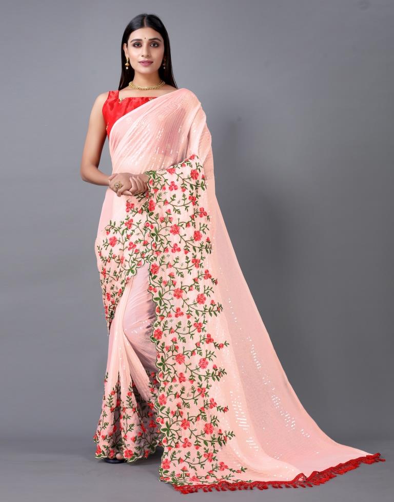 Peach Pink Embroidery Saree | Sudathi
