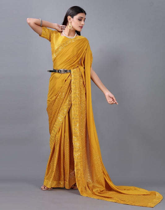 Turmeric Yellow Embroidered Silk Saree | Sudathi