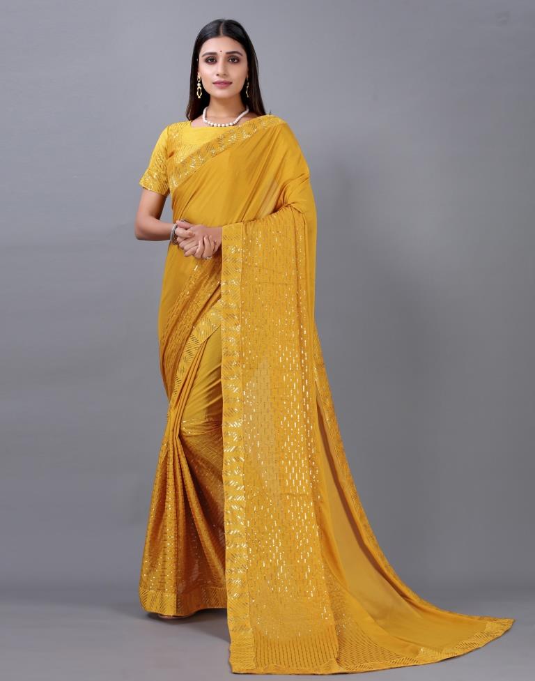 Turmeric Yellow Embroidered Silk Saree | Sudathi