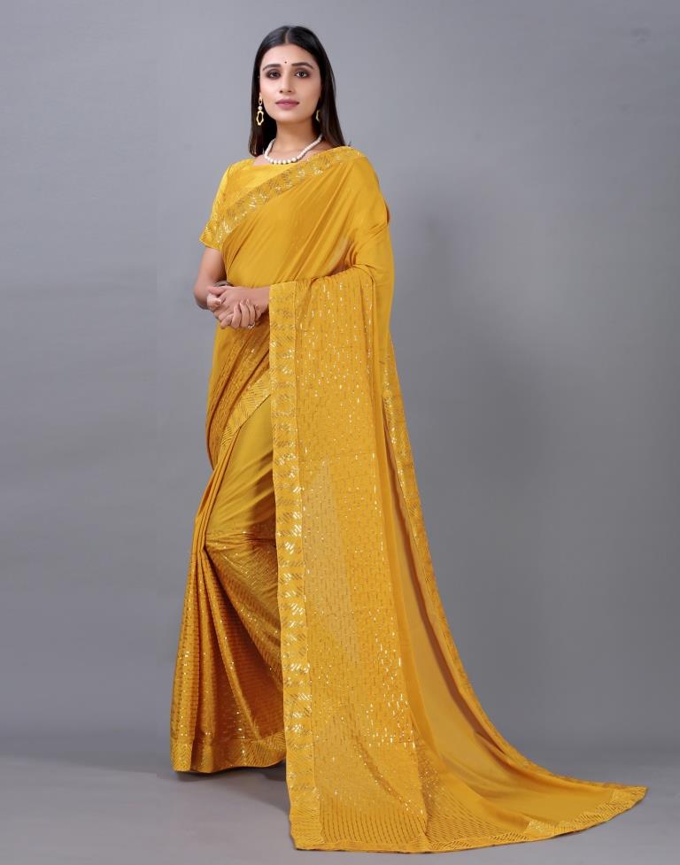 Turmeric Yellow Embroidered Silk Saree | Sudathi