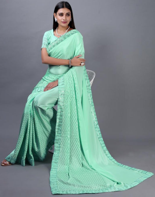 Aquamarine Blue Embroidered Silk Saree | Sudathi