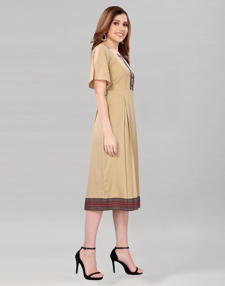 Beige Coloured Diva Slub Digital Border Dress | Leemboodi