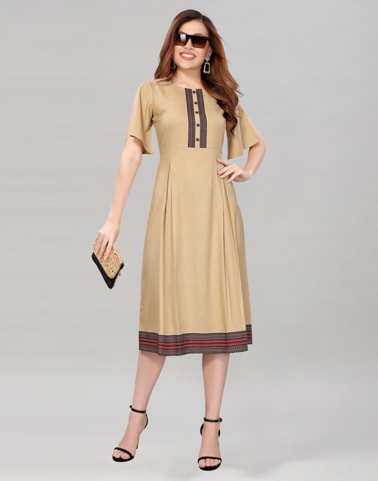 Beige Coloured Diva Slub Digital Border Dress | Leemboodi