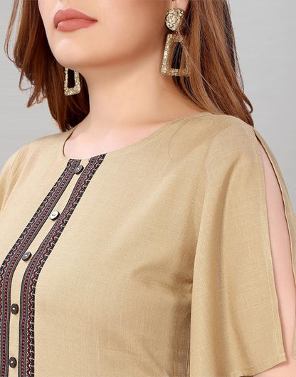 Beige Coloured Diva Slub Digital Border Dress | Leemboodi