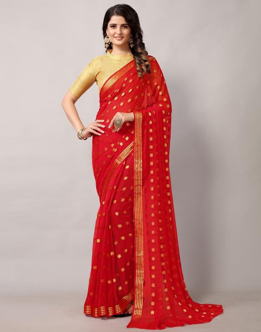 Red Weaving Chiffon Saree