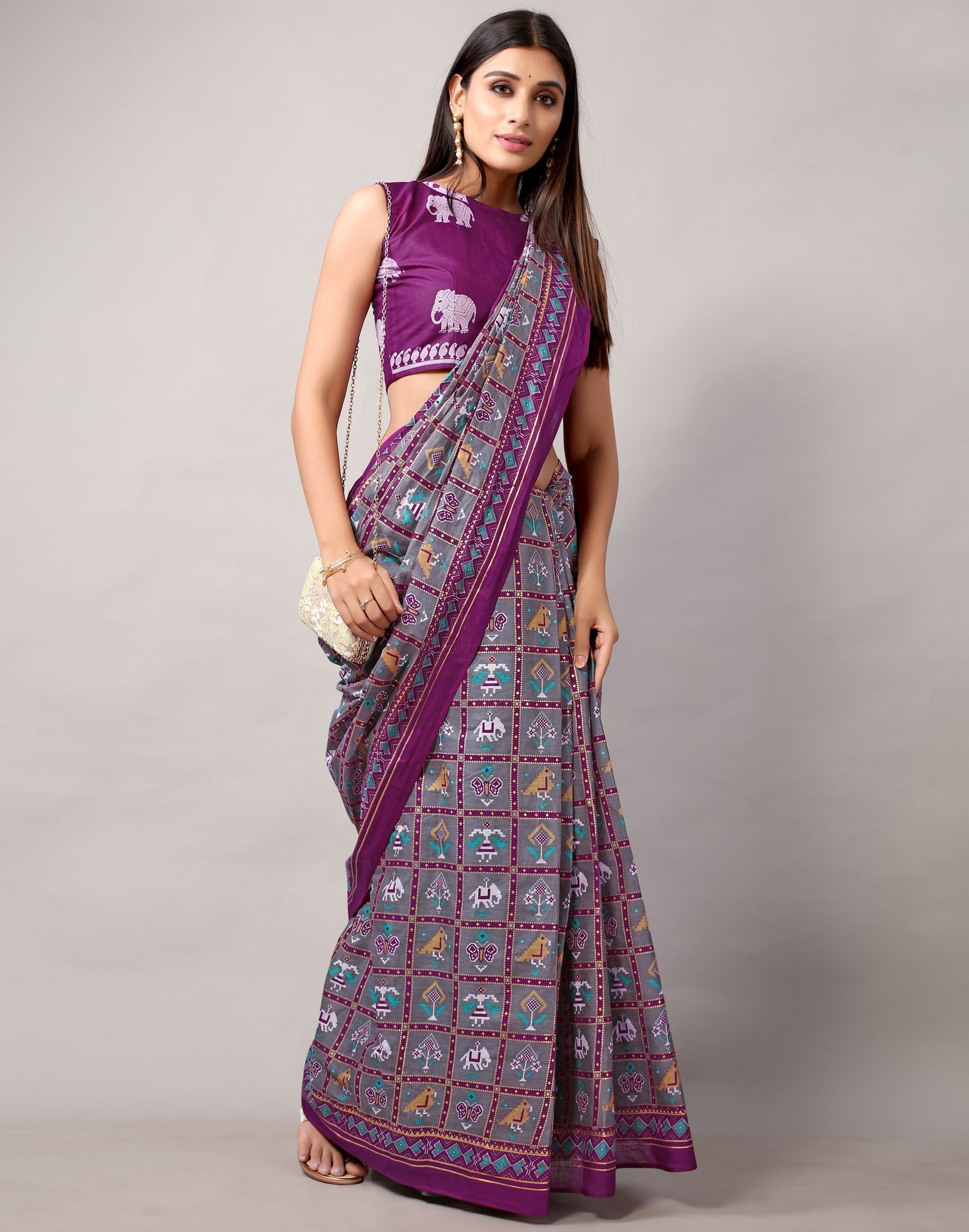 Grey Cotton Patola Saree | Leemboodi