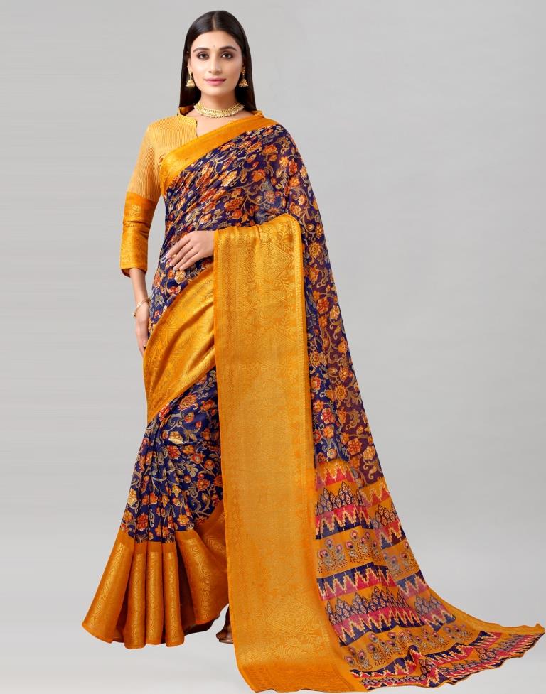 Mustard Yellow Printed Cotton Saree
