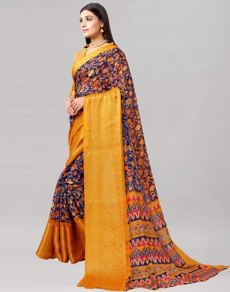 Mustard Yellow Printed Cotton Saree