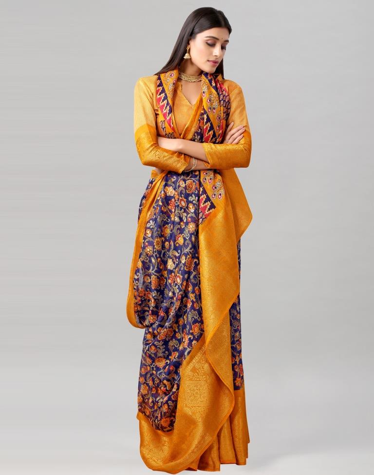 Mustard Yellow Printed Cotton Saree