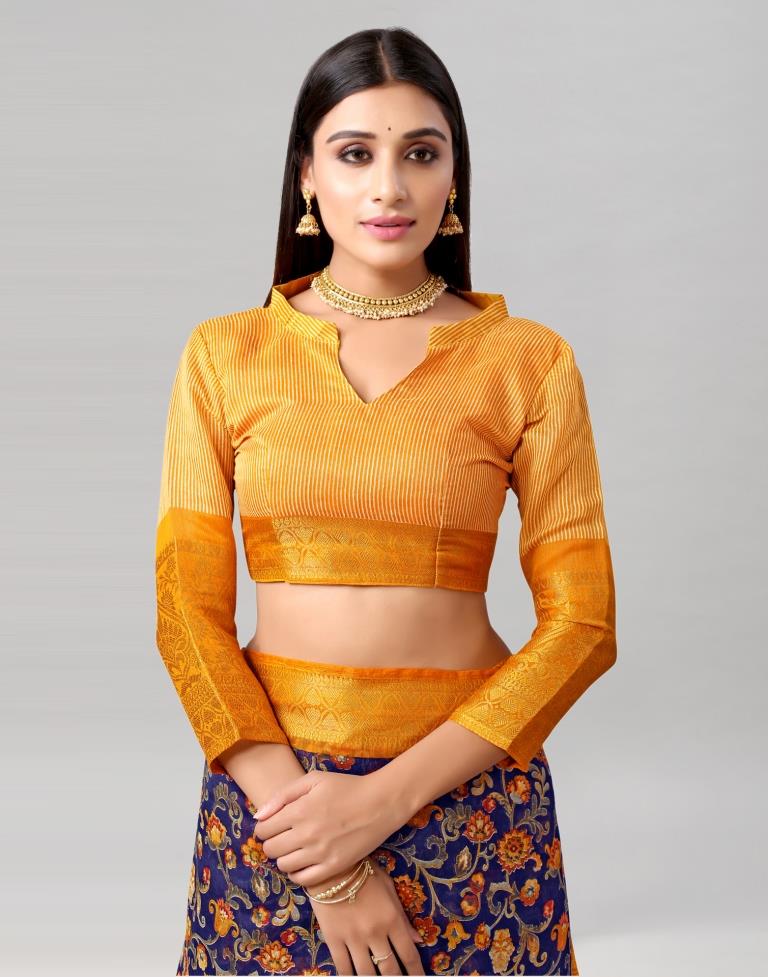 Mustard Yellow Printed Cotton Saree