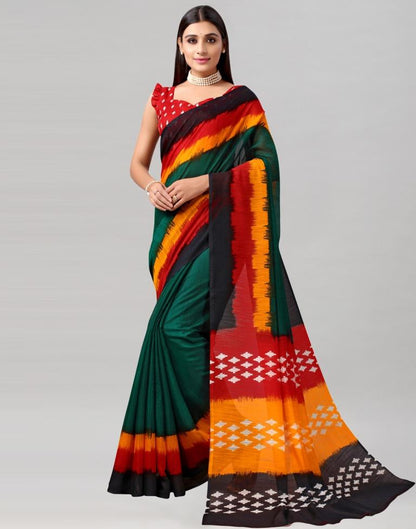 Bottle Green Printed Cotton Saree