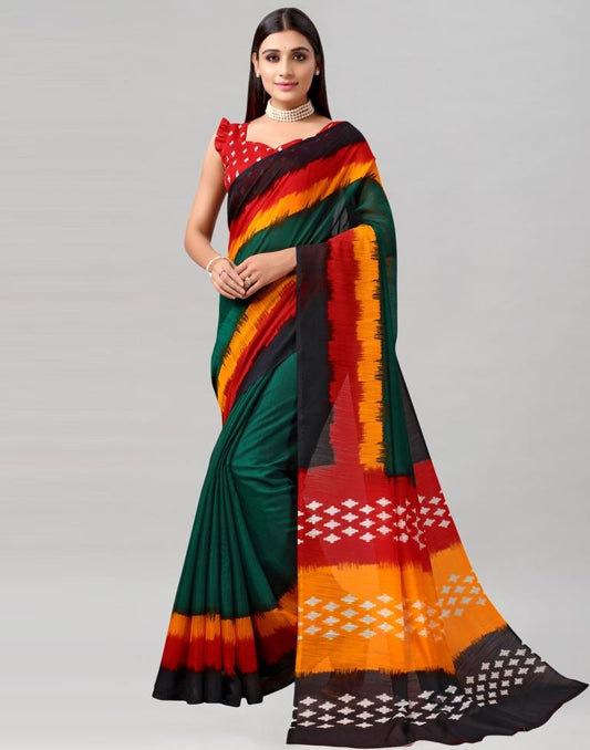 Bottle Green Printed Cotton Saree
