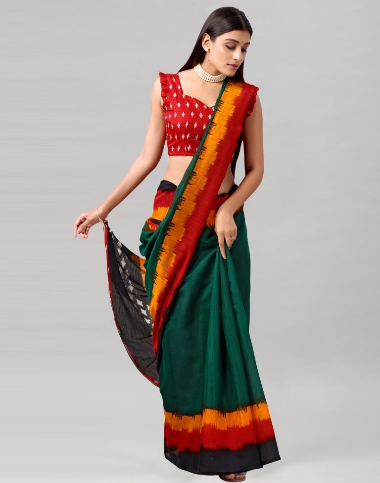 Bottle Green Printed Cotton Saree