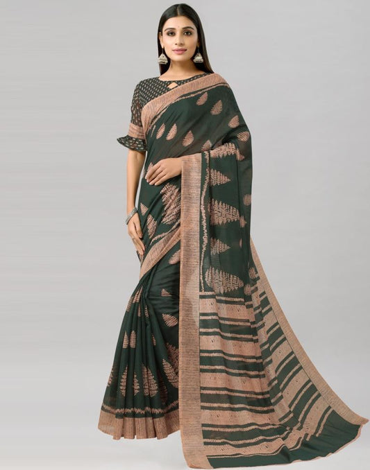 Greenish Green Printed Cotton Saree