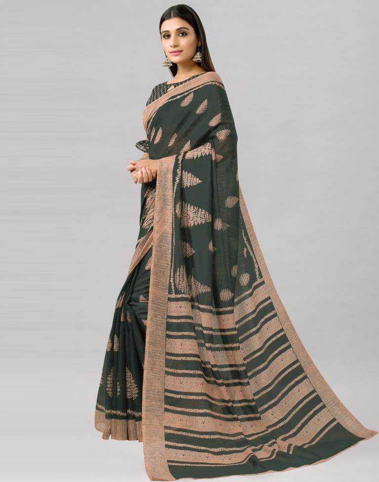 Greenish Green Printed Cotton Saree