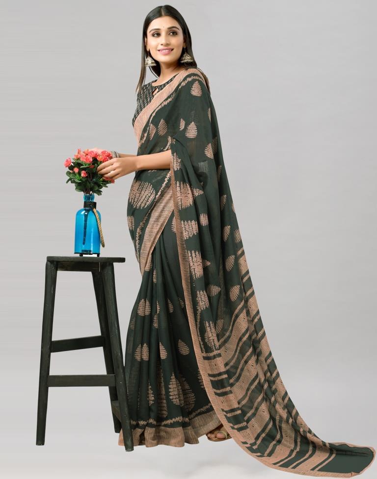 Greenish Green Printed Cotton Saree