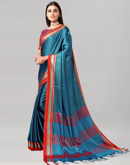 Teal Blue Self Woven Cotton Saree