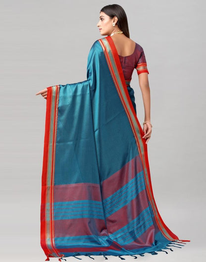 Teal Blue Self Woven Cotton Saree