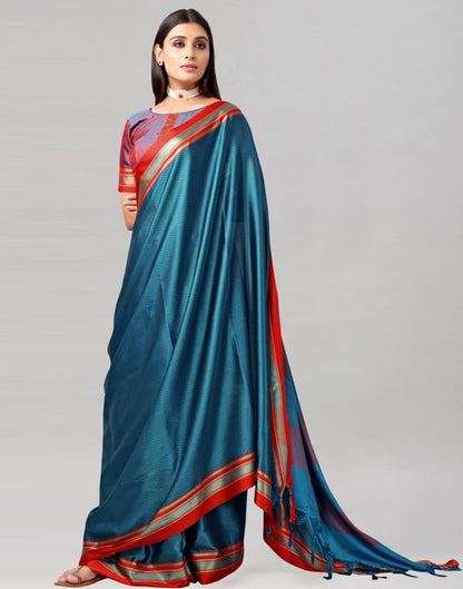 Teal Blue Self Woven Cotton Saree