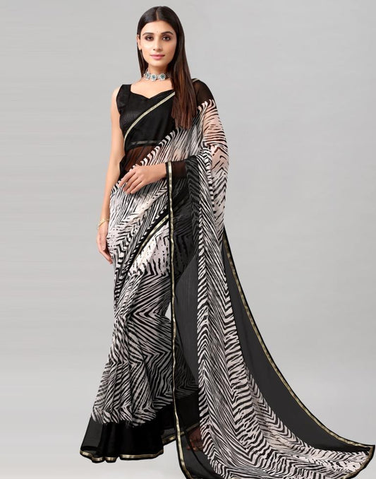 White Printed Chiffon Saree