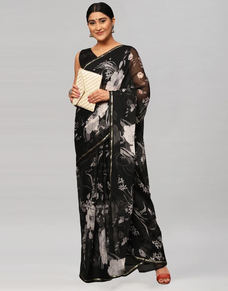 Black Printed Chiffon Saree