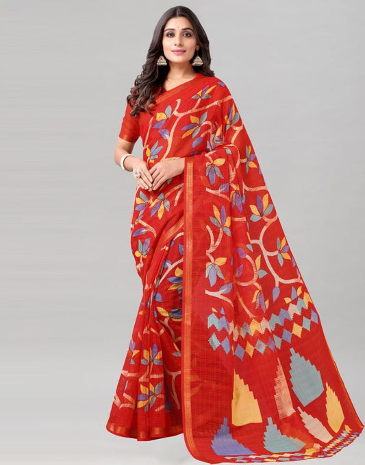 Red Printed Cotton Saree
