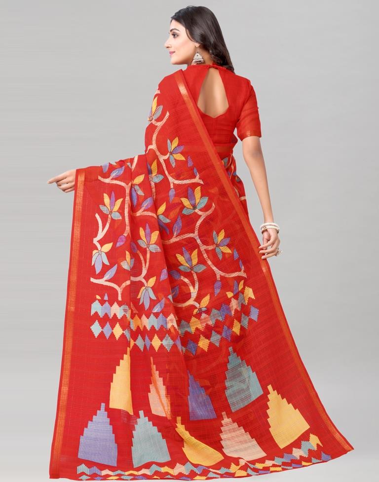 Red Printed Cotton Saree
