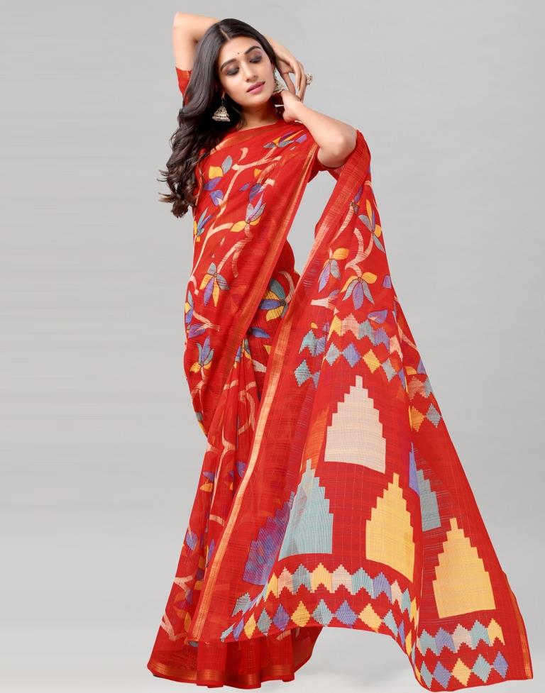 Red Printed Cotton Saree