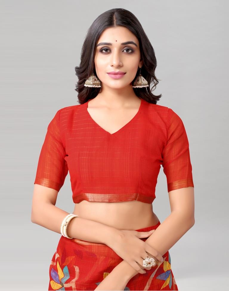 Red Printed Cotton Saree